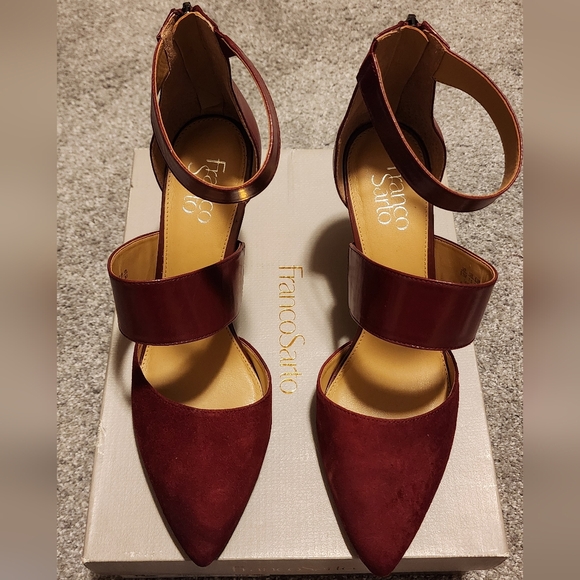 Franco Sarto burgundy leather wide strapy pumps, sz: 9.5 "Alysia" - Picture 2 of 14
